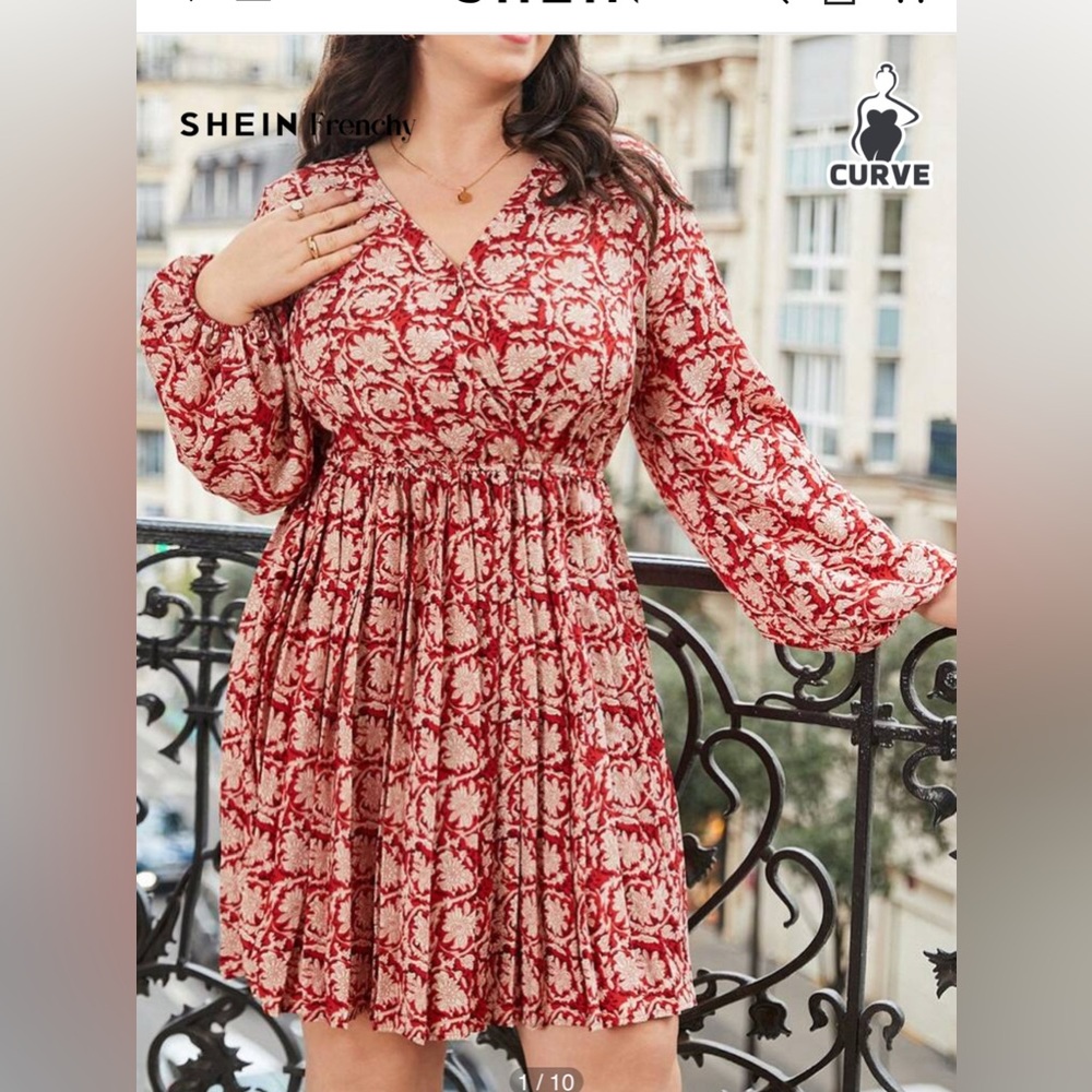 SHEIN Curve Red Floral V-Neck Smock Waist Dress